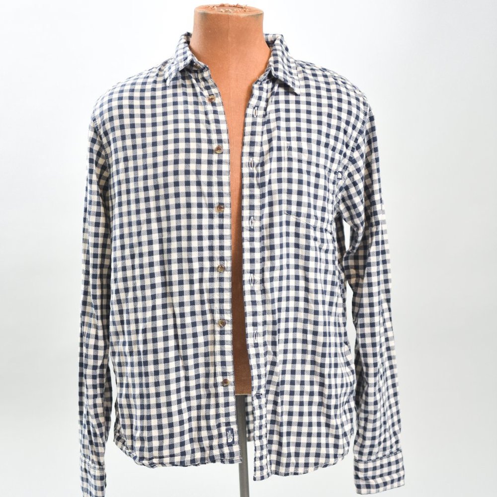 MEN'S NORTH FACE BLUE WHITE PLAID BUTTON DOWN MED.
